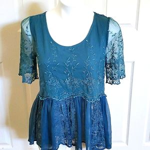 Free People Size M Teal Lace Semi Sheer Top